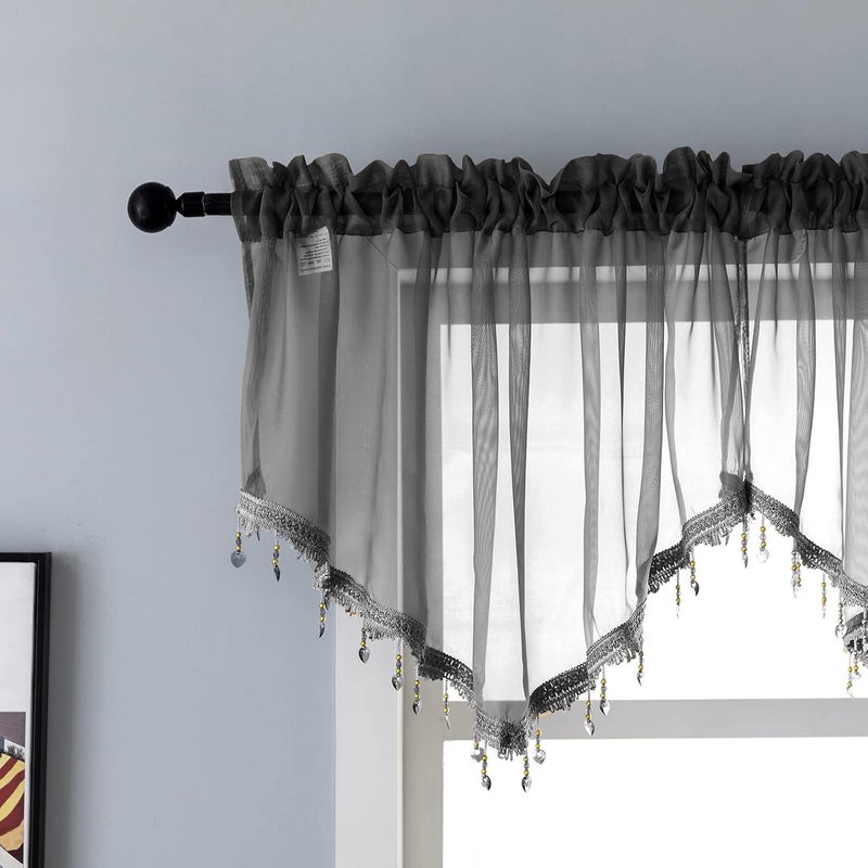 PearAge Beaded Sheer Valance Curtains for Living Room,Rod Pocket Farmhouse Window Valance, Bead Trim Tassel Voile Sheer Curtain Valance for Bedroom Bathroom Cafe 51x24 Inches (Black) 1PC - Image 1
